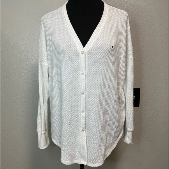 Tommy Hilfiger Women's White Waffle Knit Vneck Button Down Cardigan Medium - Picture 1 of 7